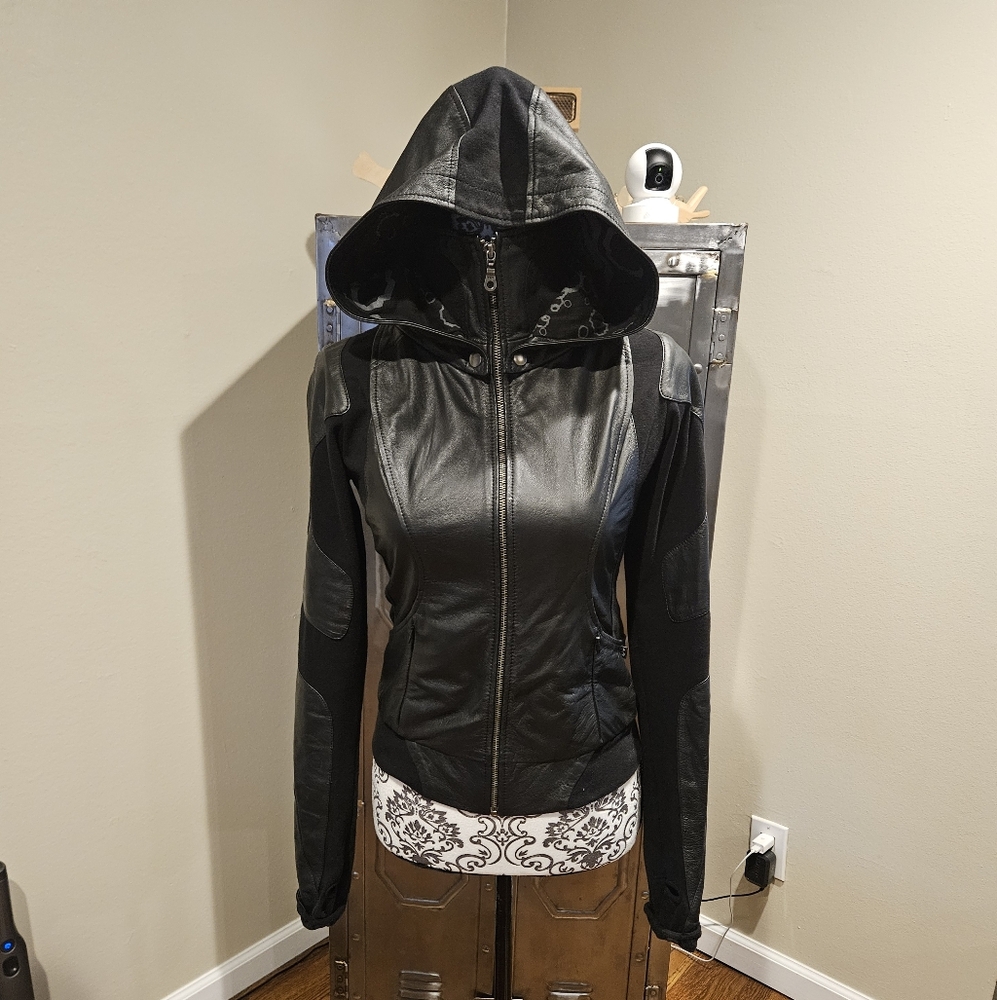 Buddhaful Designs Freq G Moto Style Leather Hooded Jacket with Thumbholes